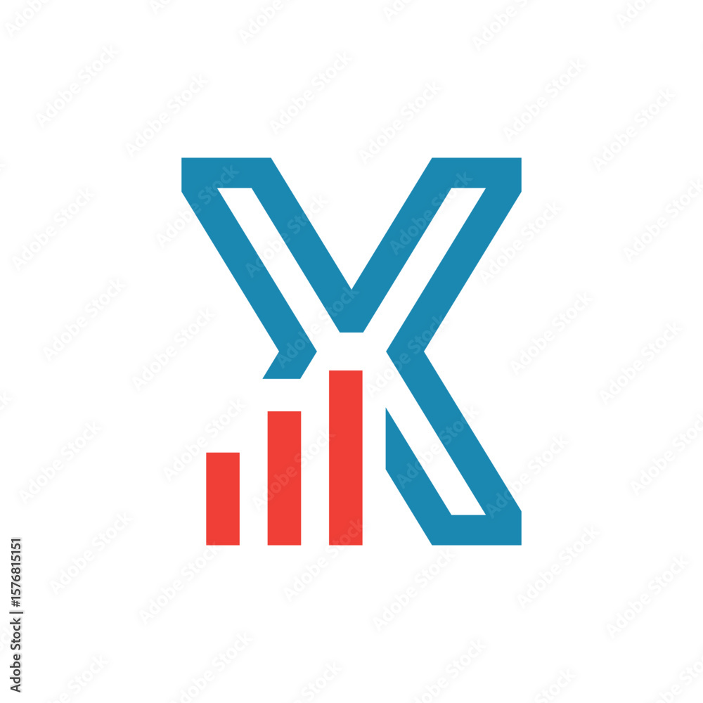 Poster This image depicts a flat logo design of an initial letter X in blue color with an orange graph bar that looks clean and modern on a white background for statistic purposes