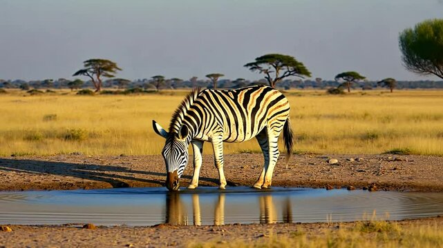 A zebra drinking water at a serene waterhole in the African savanna during sunset