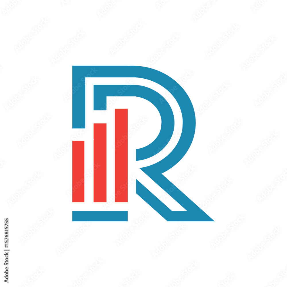 Fototapete this image depicts a flat logo design of an initial letter r in blue color with an orange graph bar 