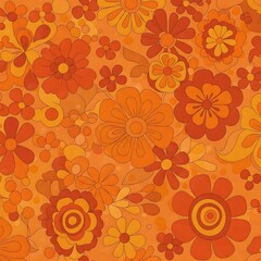 Groovy 70s retro floral pattern, warm earthy color palette, seamless wallpaper design