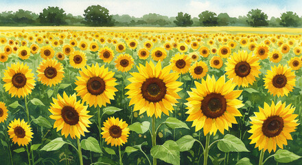 Fototapeta premium Watercolor field of sunflowers under a soft summer sky with warm yellow tones
