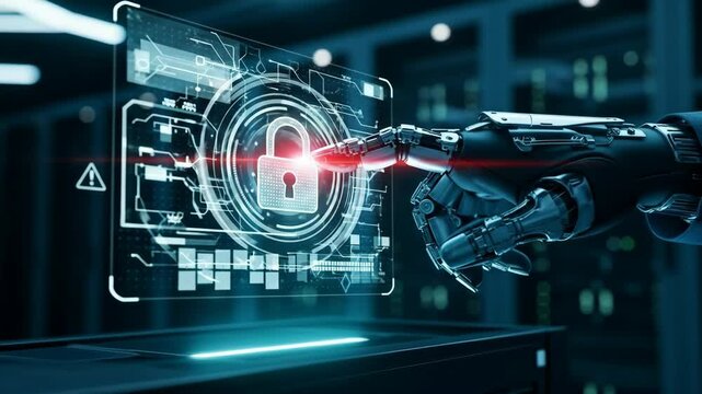 Futuristic robotic hand interacting with a digital security interface in a high-tech server room - Powered by Adobe