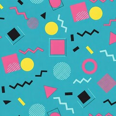 Colorful Memphis-style abstract geometric pattern, playful and retro 80s vibe, seamless tile