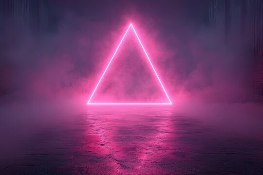 A pink neon triangle glows against a smoky background. Use this for futuristic technology, space, or retro themes.