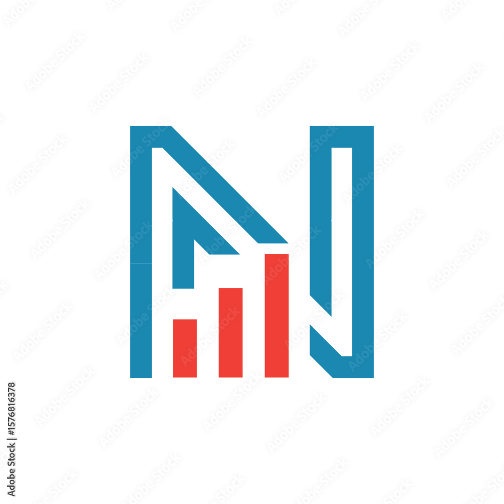Poster This image depicts a flat logo design of an initial letter N in blue color with an orange graph bar that looks clean and modern on a white background for statistic purposes