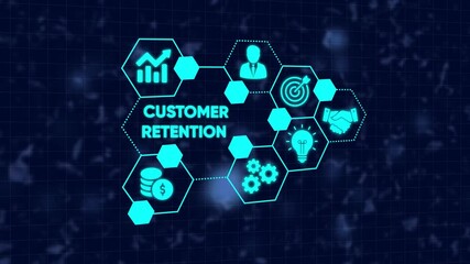 Customer retention digital concepts depicted with neon graphical icons on blue background
