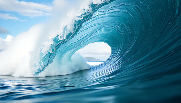 Inside a powerful ocean wave barrel with sunlight breaking through the water