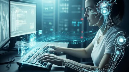 Futuristic woman interacting with holographic technology while working on a computer in a data center - Powered by Adobe
