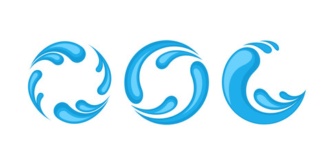 Stylized water drop logo design with rotating fluid shapes. Represents motion, clarity, natural energy—great for environmental branding n modern hydration brands. Blue water drops isolated background
