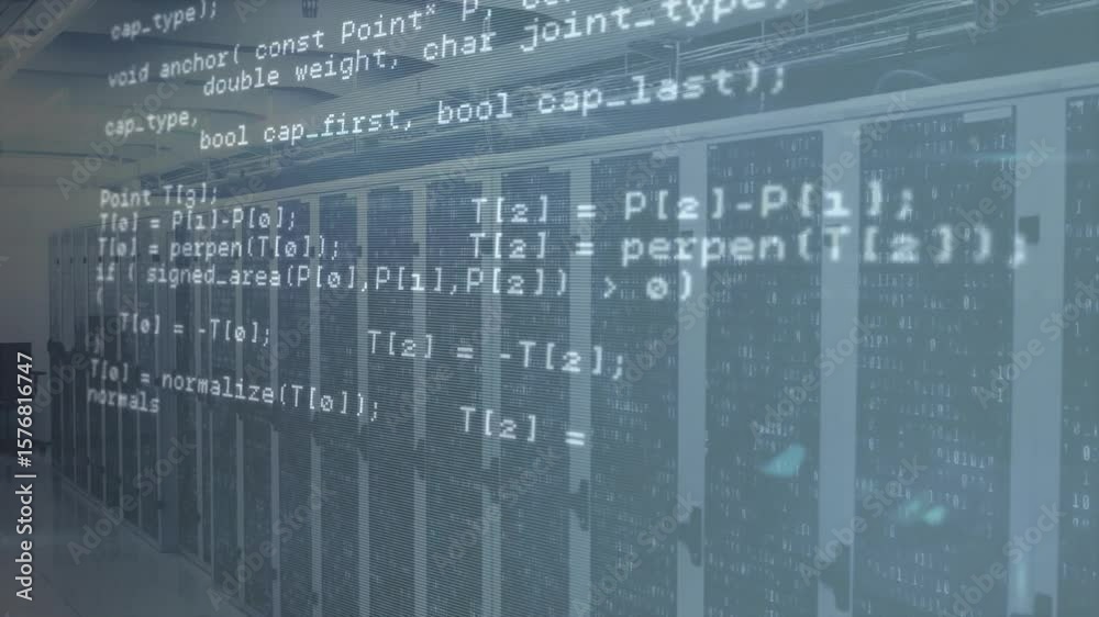Poster c++ code scrolling over server racks revealing network geometry routines illustrating data flow