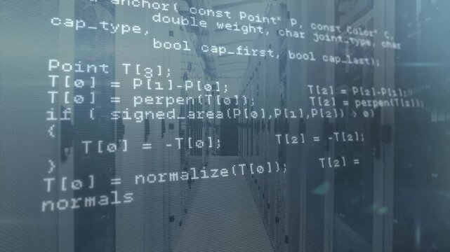 Opening C++ overlay reading HTTP scrolling upward revealing network geometry routines on rack aisle
