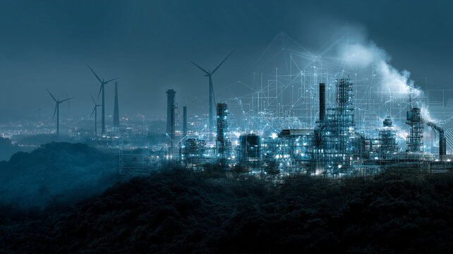 Futuristic industrial landscape with wind turbines and digital network overlay, symbolizing integration of technology and renewable energy manufacturing. scene is set against dark, atmospheric