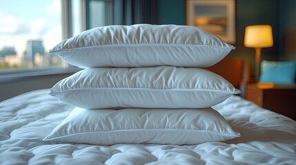 Three white pillows are stacked neatly on top of a white duvet. Perfect for illustrating rest, comfort, hotels, or interior design.