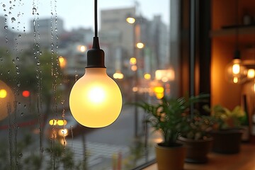 Glowing lightbulb hangs near a rainy window in an urban cafe. Good backdrop for cozy, rainy day, or relaxing scene layouts.