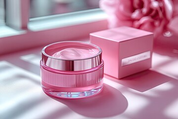 Pink cream jar and box with blurred peony, soft light, clean style. Use for skin care ads, beauty products, wellness, and cosmetics.