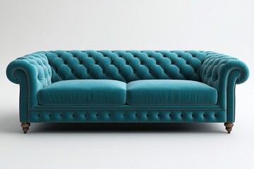 Turquoise velvet chesterfield sofa isolated, button tufted cushions, scrolled arms. Use for design mockups, advertising, or interior decorating inspiration.