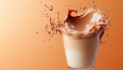 A glass of chocolate milk splash with drops on an orange gradient background. Showcase your food, drink, or healthy breakfast concept with this vibrant image.