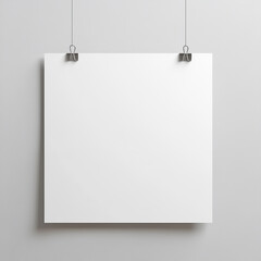 A blank white poster hangs on a grey wall, held by black binder clips.