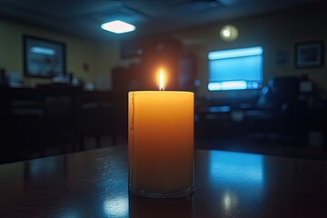 A lit candle stands on a table in a dark, shadowy, yet comfortably furnished room. Use this for remembrance, hope, serenity, or other calming or pensive themes.