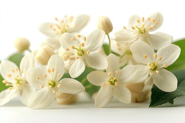 Beautiful close-up of delicate orange blossoms with their green leaves. Use this image for greeting cards, nature themes, or wedding designs.