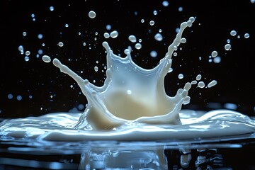 White liquid bursts and scatters drops against a dark background. Perfect for food ads and promotions, especially dairy products.