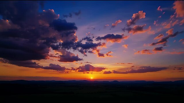 Breathtaking Sunset Over Vast Landscape with Vibrant Orange, Purple, and Blue Colors as Sun Sets Behind Hills, Casting Shadows and Illuminating Clouds, Creating Serene and Peaceful Atmosphere