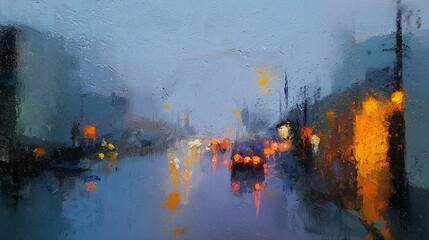 Abstract painting of a city street on a rainy day