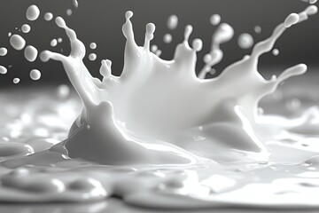White liquid splash with droplets against a gray background. Perfect for illustrating freshness, purity, or a dairy product theme.