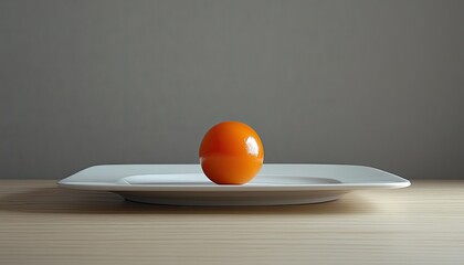 A glossy orange sphere sits on a white, square plate, wood table. It can be used to convey ideas, nutrition, or minimalist design.