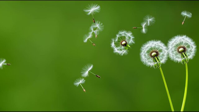 Delicate Dandelion Seeds Floating Gracefully Against Vibrant Green Background Capturing Natures Ethereal Tranquility and Symbolizing Freedom and Change as They Drift in Air