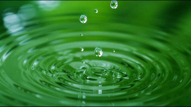 Water Droplets Creating Ripples on Vibrant Green Surface Capturing Motion, Fluidity, and Tranquility in Natures Serene Beauty