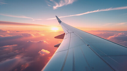 Obraz premium Airplane wing sunset travel sky clouds flight journey aviation adventure destination vacation landscape