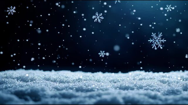 Serene Winter Scene with Delicate Snowflakes Gently Falling Against Dark Blue Background Creating Peaceful and Magical Atmosphere with Snow Covered Ground Sparkling Under Soft Light