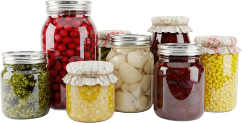 Assortment of preserved foods in glass jars including berries corn garlic and jams