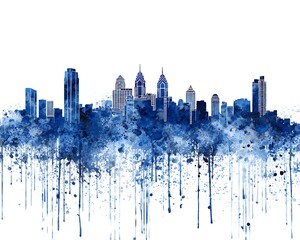 Obraz premium Detailed cityscape illustration of a downtown area in shades of blue.