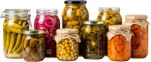 Assortment of preserved vegetables in glass jars including pickles sliced onions olives jalape os and diced pumpkin