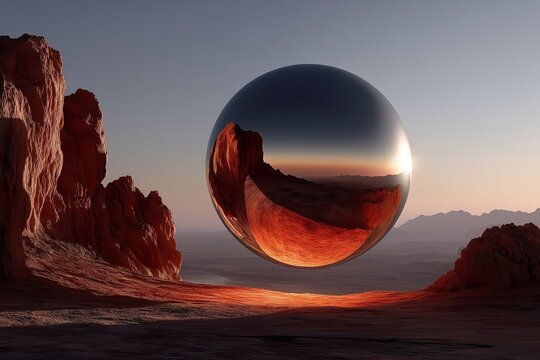 Reflective Sphere at Sunset: Surreal Landscape with Floating Chrome Orb in Desert Scenery