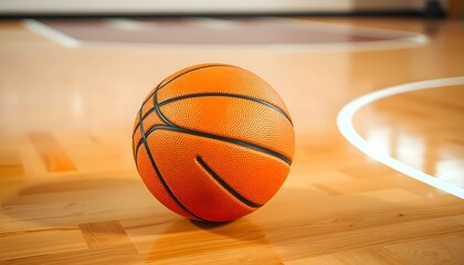 Obraz premium close-up of an orange basketball placed on a basketball court, the background is slightly blurred with the court lines visible.
