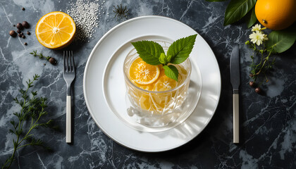 Elegant dining setup featuring a white plate, cutlery, and a refreshing citrus-infused drink.