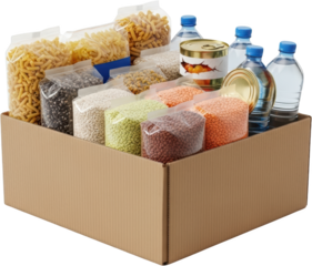 Cardboard box filled with packaged dry goods canned food and water bottles