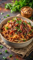 A keto bowl filled with tender pulled pork and topped with crispy onions