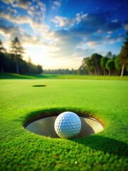 Fototapeta premium A golf ball positioned on a lush green putting surface with a circular hole in the distance