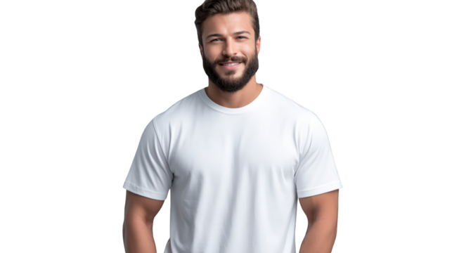 Handsome man with a beard smiles in a studio portrait, showcasing a blank white t-shirt against a transparent background, ideal for fashion, apparel or design mockups and related marketing visuals.