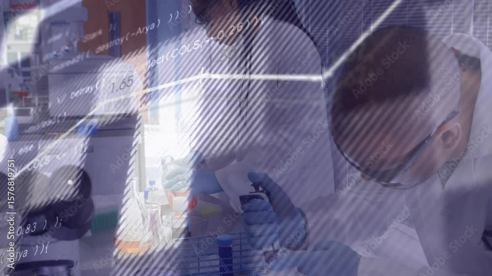Poster three lab scientists selecting pipette tips and pipetting at bench, activating data overlays