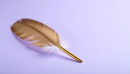 Glistening Golden Feather with White Fluff on a Pastel Purple Background