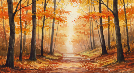 Watercolor forest path in autumn with golden leaves and soft natural light