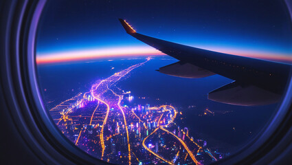 Airplane view city lights night flight travel window seat aerial cityscape skyline destination journey