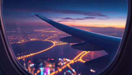 Airplane window view at night city lights airplane travel cityscape sky view airplane wing adventure