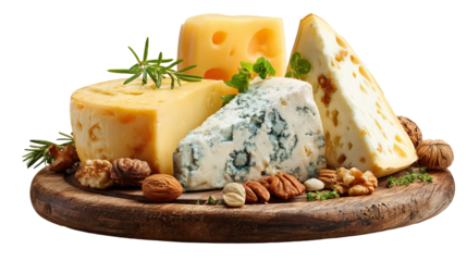 Cheese platter with brie cheddar gouda and blue cheese on transparent background

