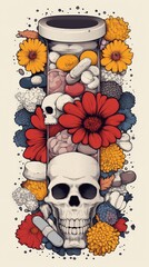 Dark Gothic Cartoon Medical Technology with Flowers and Skull Elements